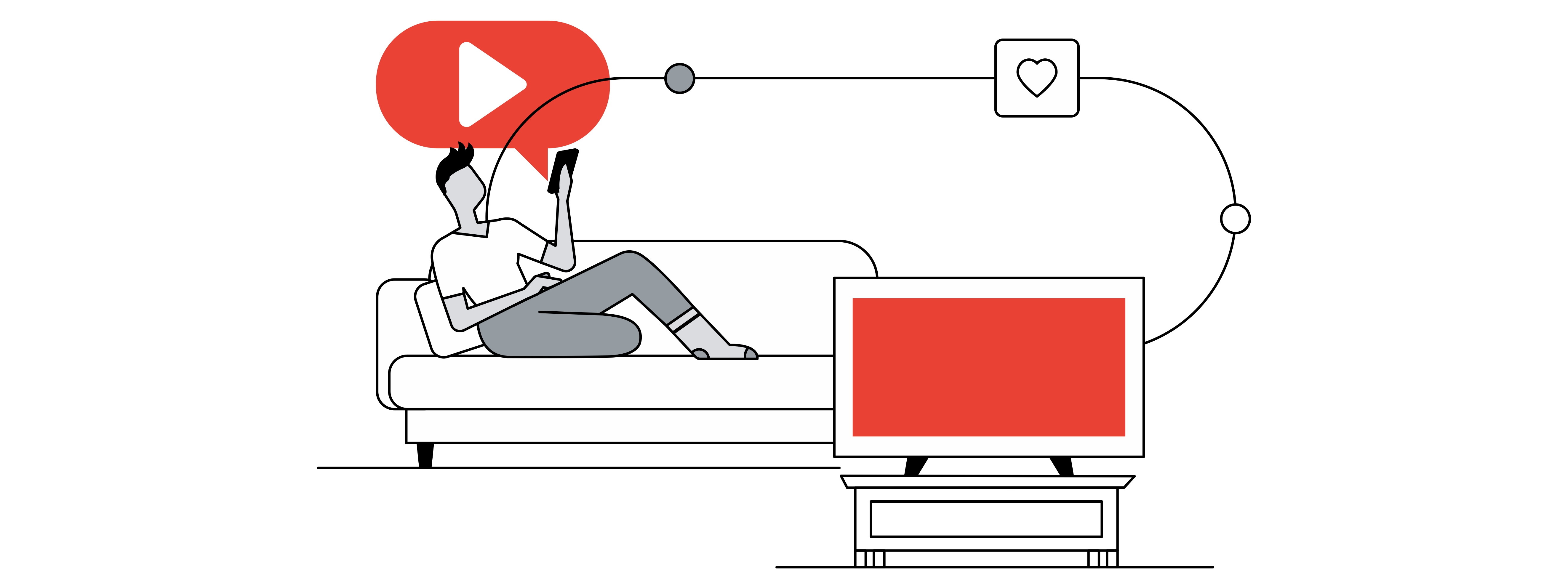 Una persona acostada en un sofá mira el móvil que tiene en su mano. De él sale un globo de diálogo con fondo rojo y el logo de YouTube en blanco. Una línea lo conecta con un televisor.