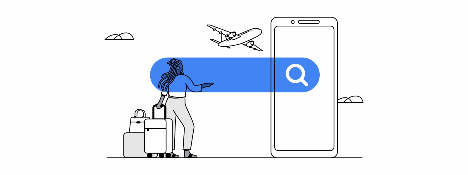 Una mujer de pelo largo y rastas, sostiene un par de maletas. En el centro, la barra del buscador. Arriba se ve un avión y a la derecha la pantalla de un teléfono móvil.