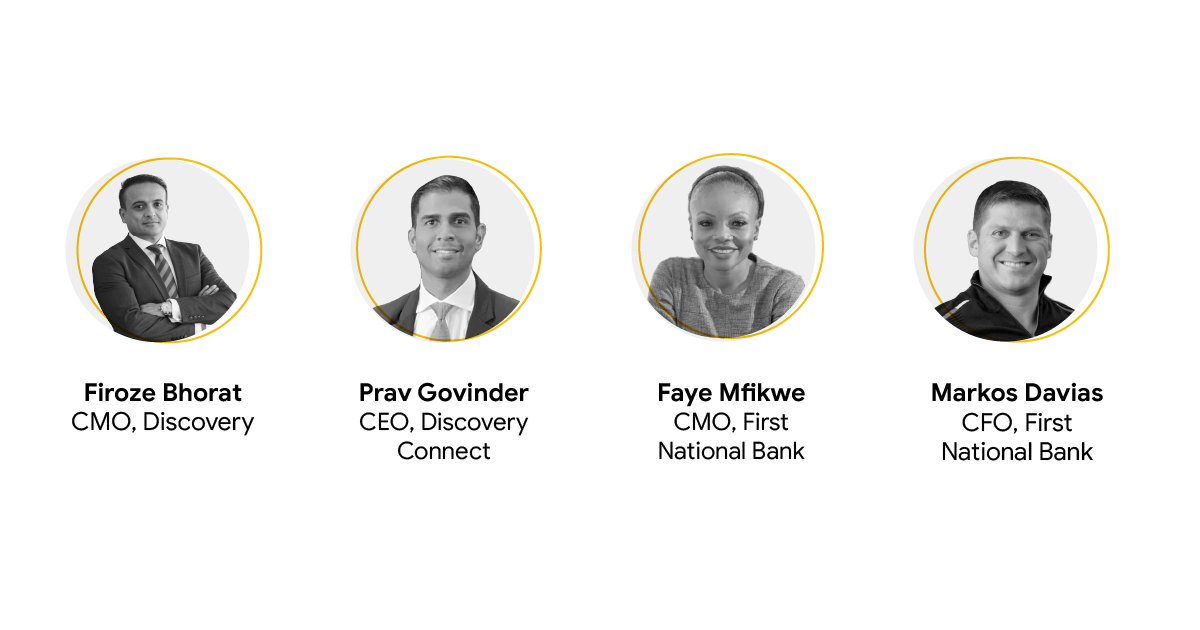 Firoze Bhorat, Discovery CMO, Prav Govinder, Discovery Connect CEO, Faye Mfikwe, FNB CMO, and Markos Davias, FNB CFO