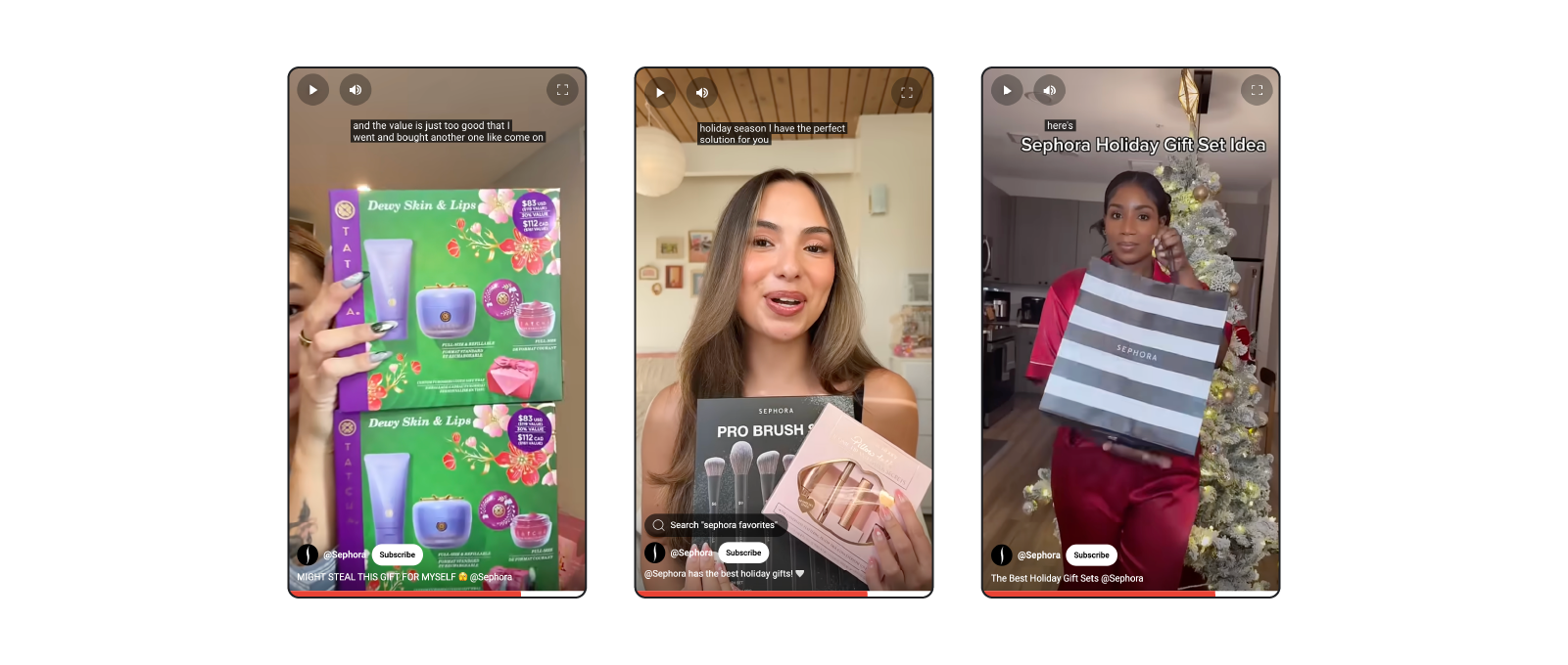 Three side-by-side stills from Sephora’s YouTube Shorts campaign. Creators display and describe a variety of skin care and makeup bundles, tools, and sets designed for holiday giftgiving
