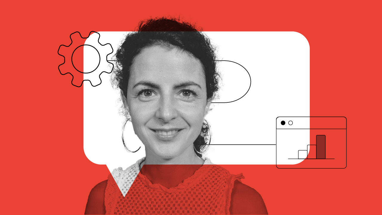 Hélène Duval, who leads Growth Marketing for Google APAC, stands next to an illustration of a chart and gear