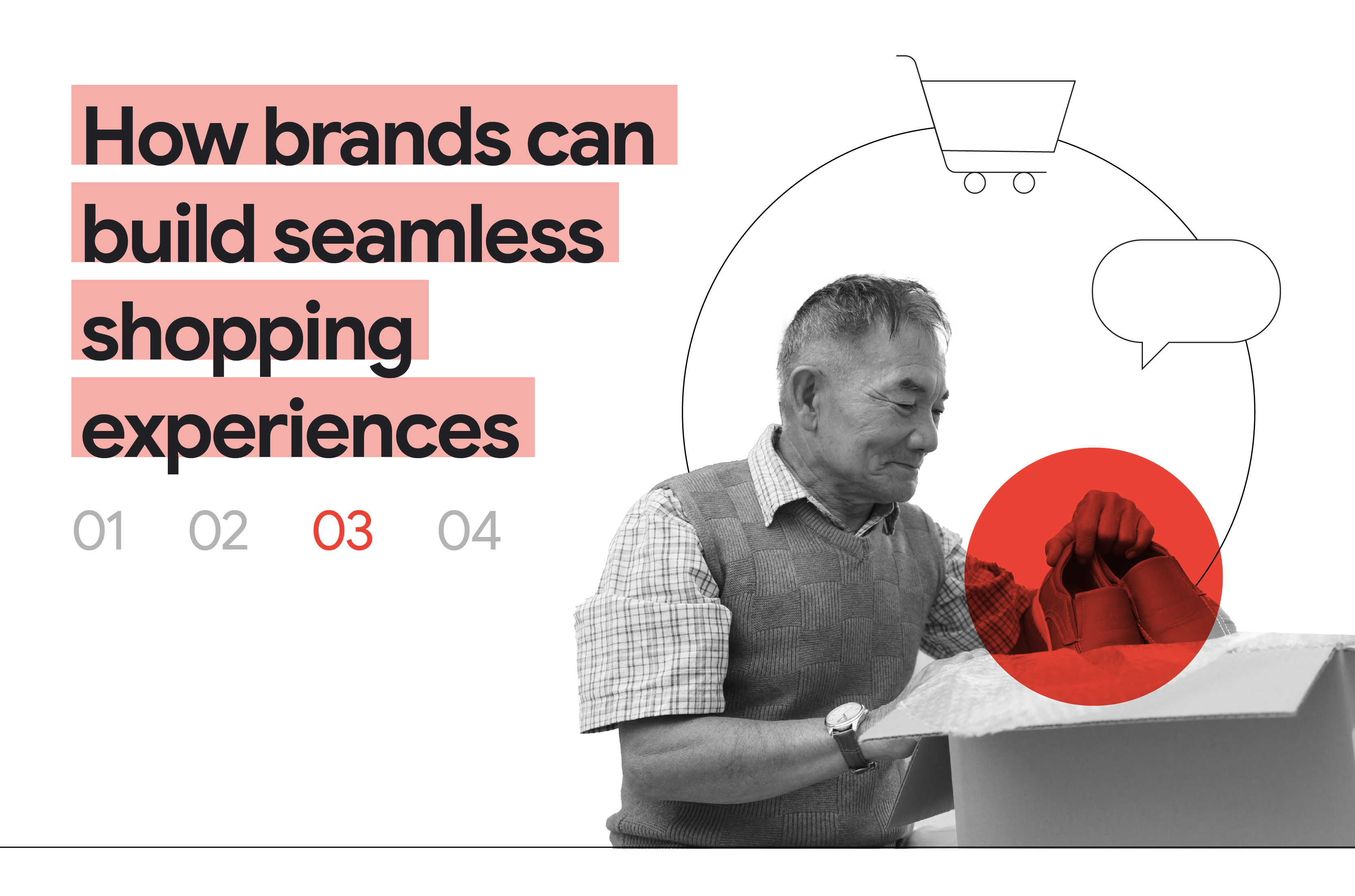 03. How brands can build seamless shopping experiences. An elderly man opens a parcel containing a pair of shoes that he bought online, representing the importance of a strong online brand presence and a seamless e-commerce customer experience.