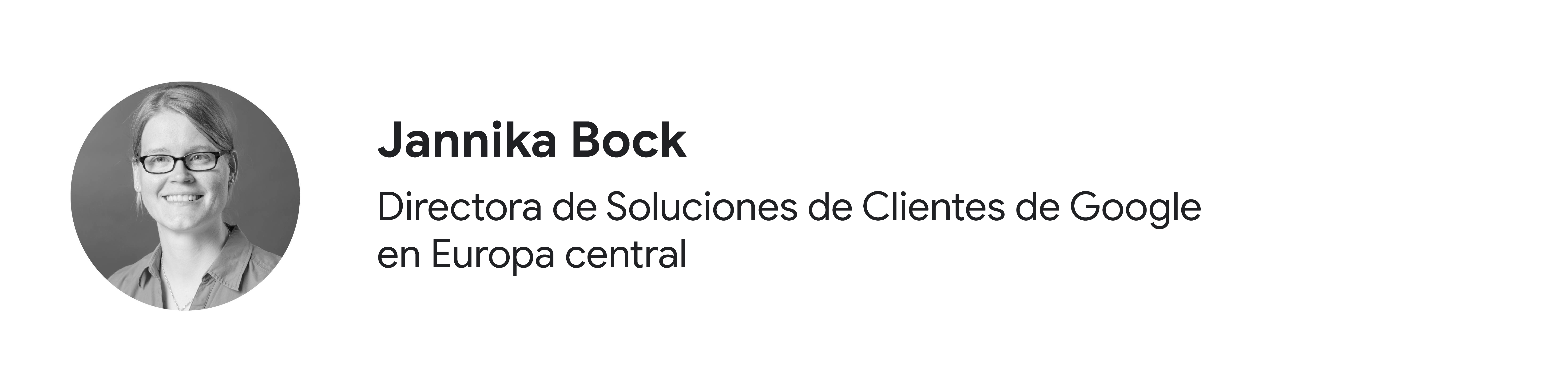 Foto en blanco y negro de la colaboradora Jannika Bock, directora de Soluciones de Clientes de Google en Europa central