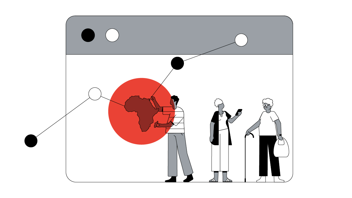 Three people are standing inside a web tab. Over the web tab there is a line graph with a focal point of an African icon which has a red overlay circle on it. The person beside it interacts with the icon.