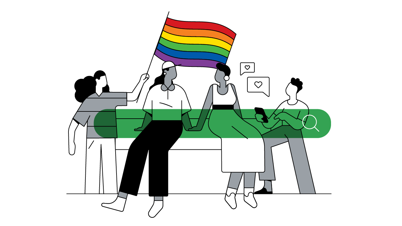 A couple holding hands on a bench, with someone holding a rainbow flag and another using a phone with speech bubbles and hearts, showing the importance of inclusivity, accessibility, and diversity in marketing, in support of the LGBTQ+ community.