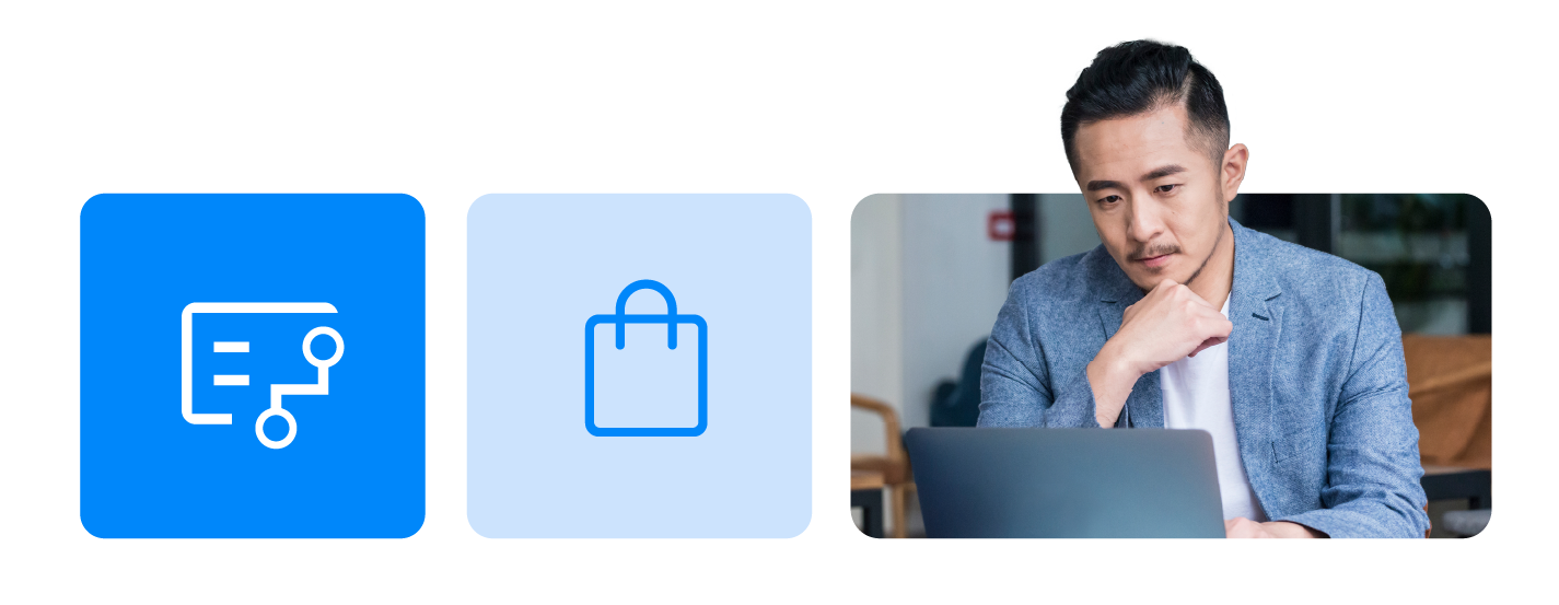 Dois quadrados azuis e uma foto: 1. Um documento com circuitos. 2. Sacola de compras 3. Um homem de pele clara, cabelo curto escuro e bigode fino, vestindo um blazer azul-claro, olha para um laptop.