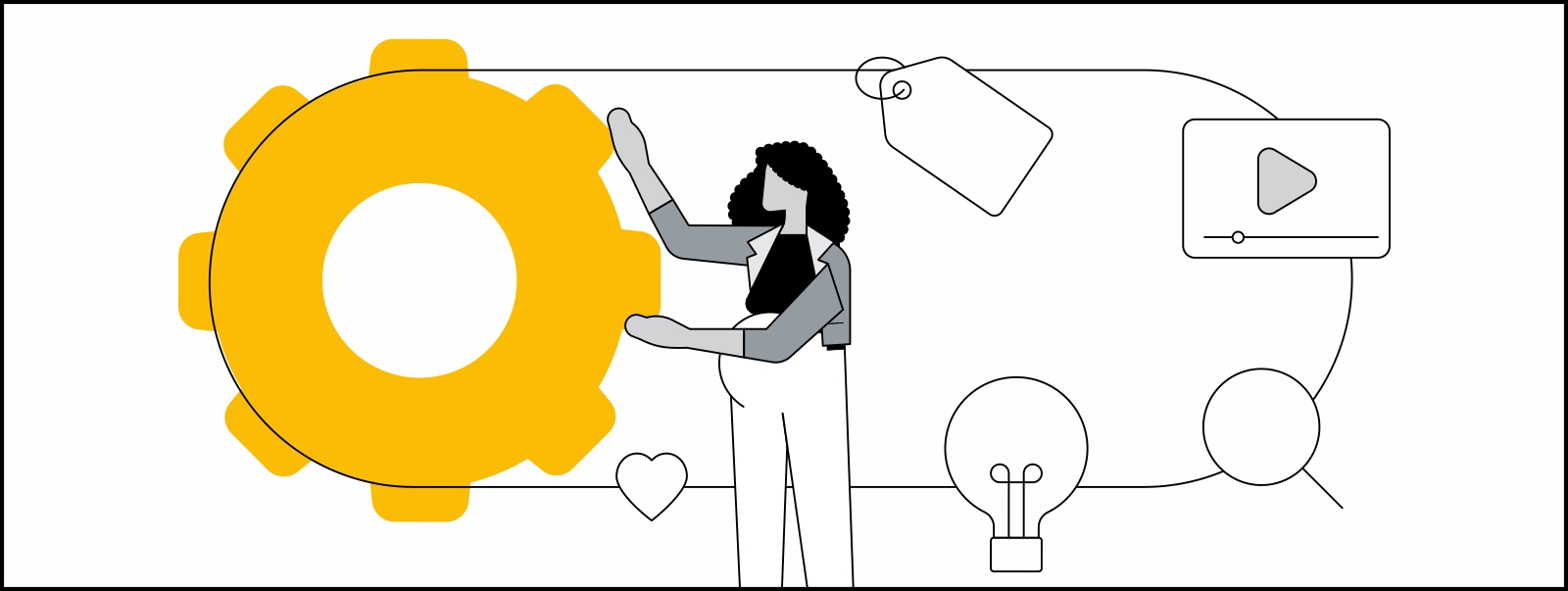 una mujer embarazada hace girar un engranaje por el que circulan cinco íconos: una etiqueta, un video de YouTube, una lupa, una bombilla de luz y un corazón.