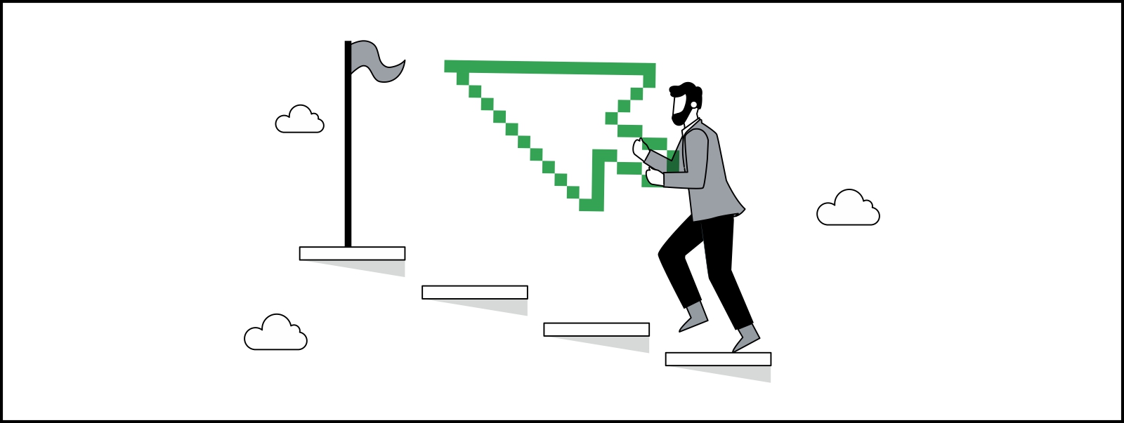 Un hombre con barba y pelo oscuro sube los escalones de una escalera hasta alcanzar la meta, ilustrada con un banderín. De fondo una flecha en verde, haciendo alusión al contexto digital.