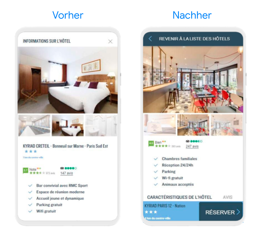 Screenshots der App der Louvre Hotels Group, die den Zustand vor und nach der Anpassung zeigen.