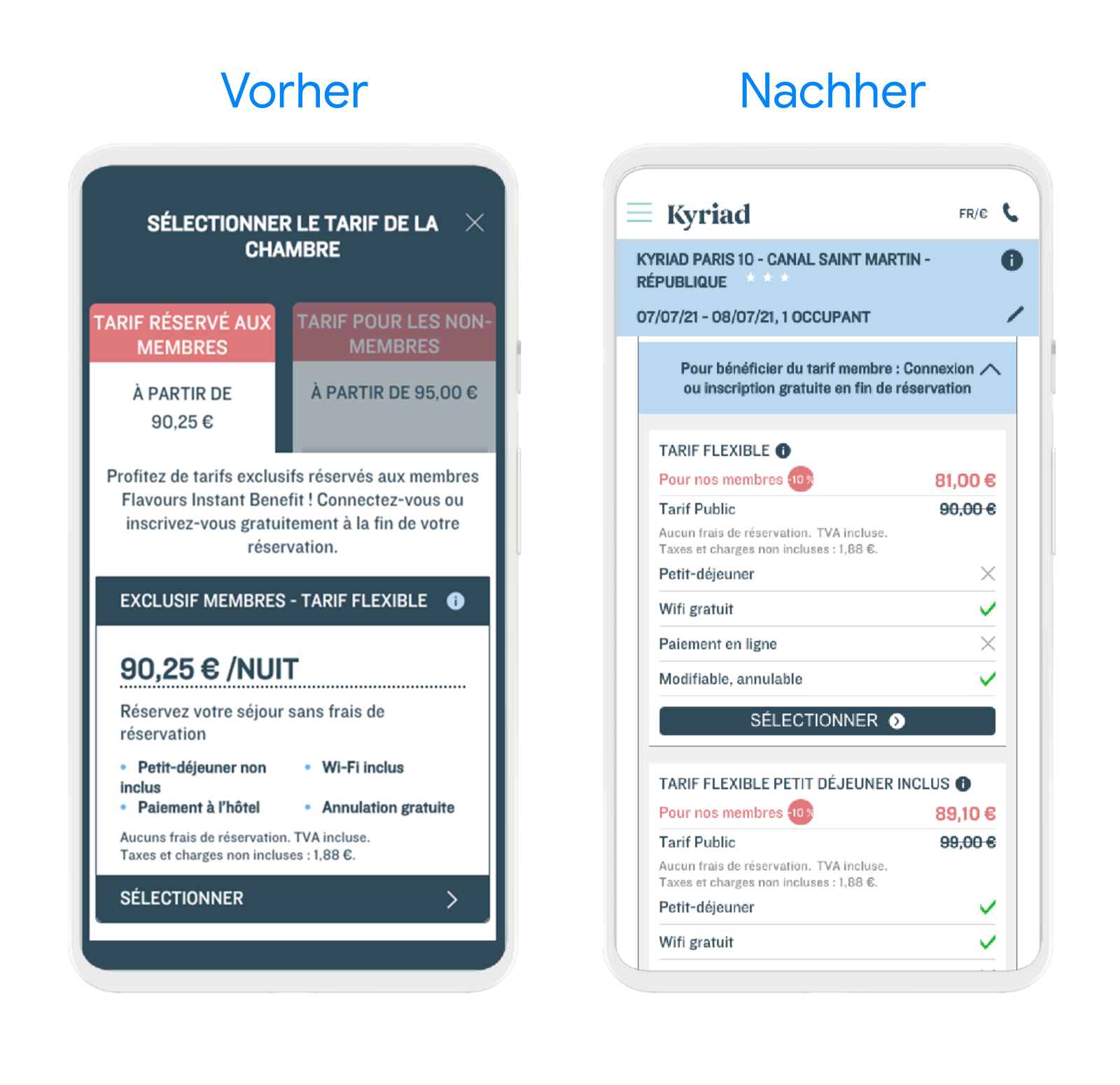 Screenshots der App der Louvre Hotels Group, die den Zustand vor und nach der Anpassung zeigen.