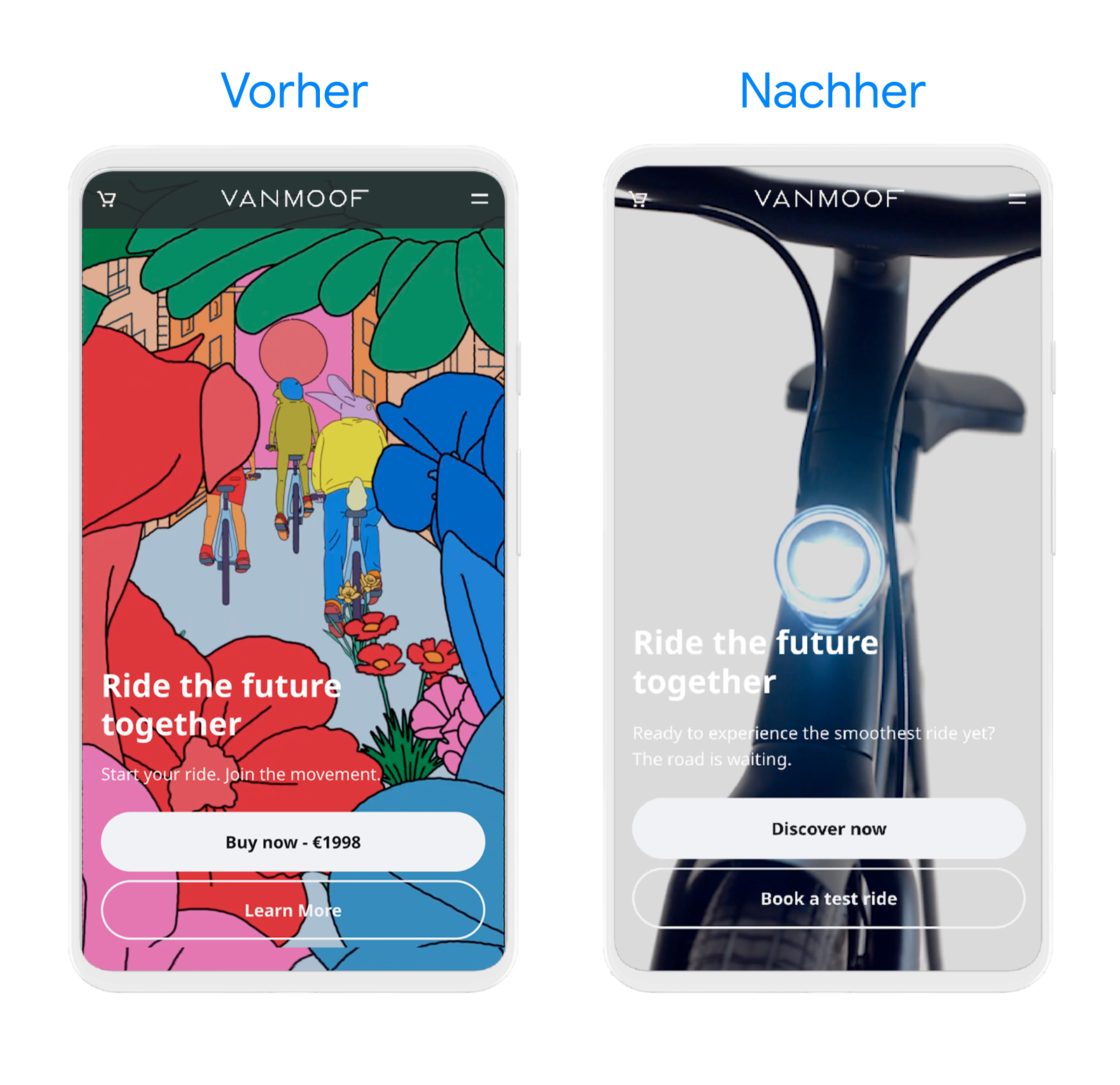 Screenshots der App Vanmoof, die den Zustand vor und nach der Anpassung zeigen.