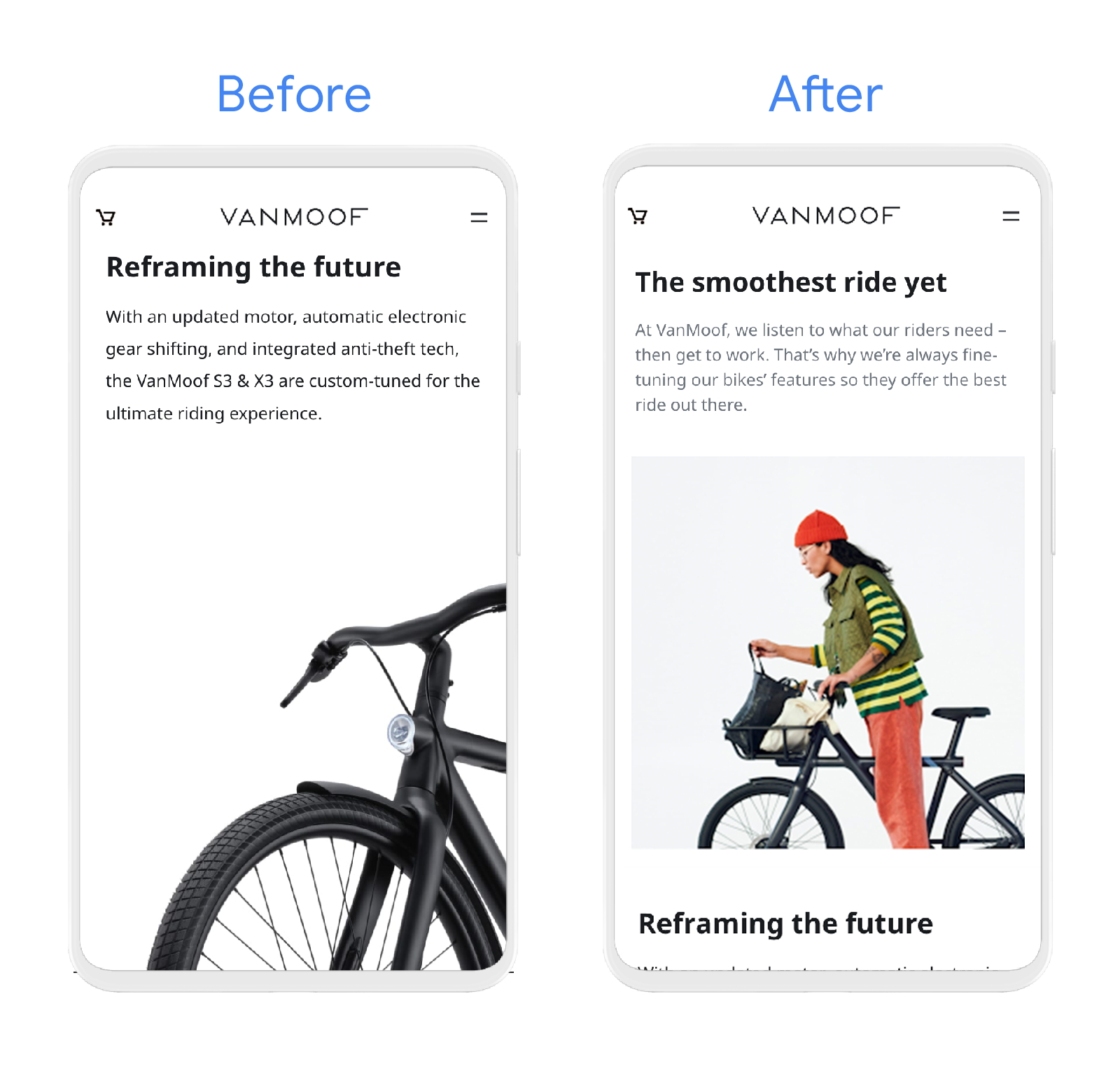 Phone screens showing before and after screenshots of the mobile VanMoof website. ‘Before’ version shows a close-up of a black VanMoof bike against a white background. ‘After’ version shows a girl holding the handlebars of a VanMoof bike.