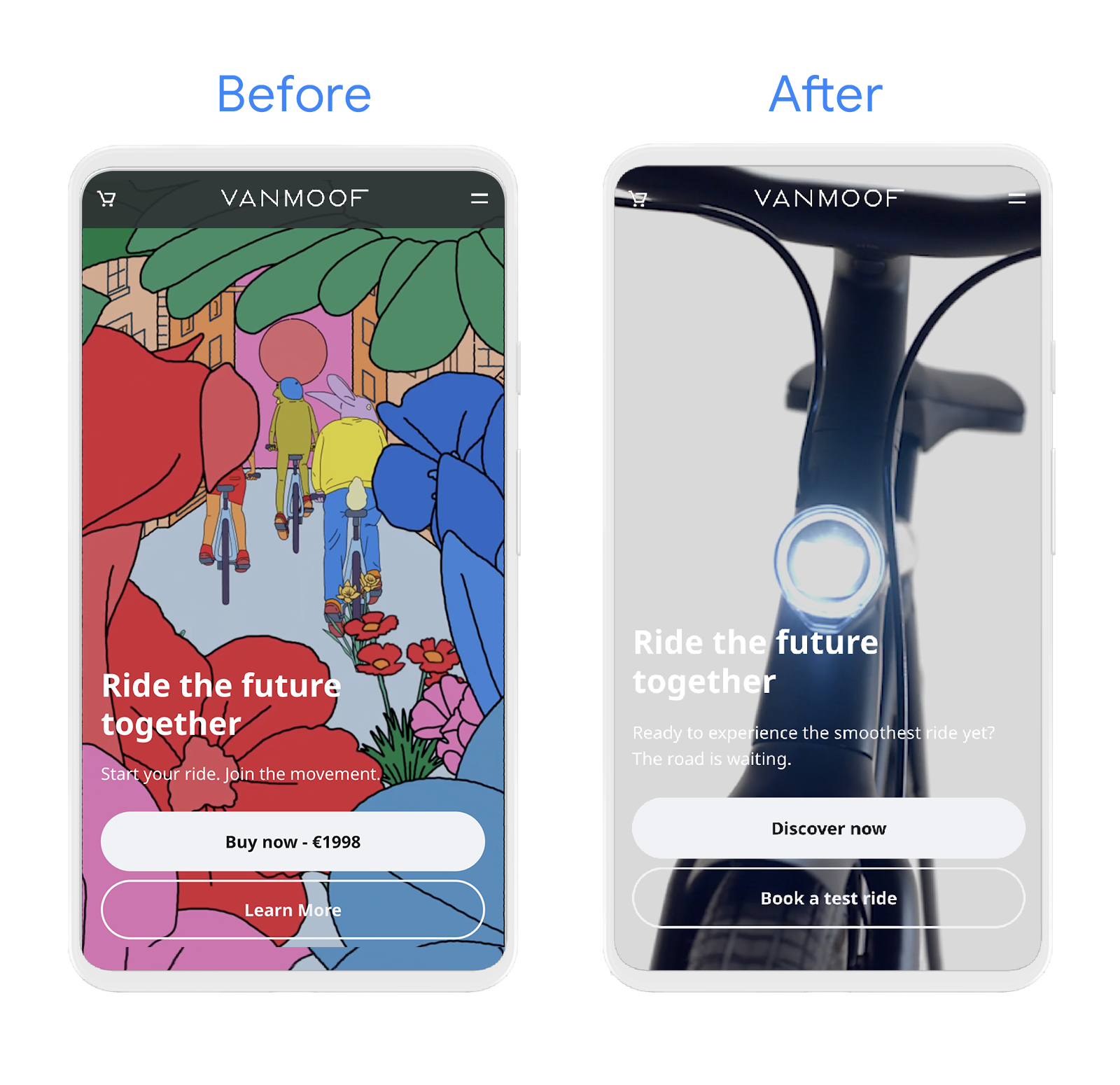 Phone screens showing before and after screenshots of the VanMoof homepage. ‘Before’ version shows a colourful, abstract illustration of flowers and people riding bikes, with a ‘Buy Now’ butto. ‘After’ version shows a close-up of a black Van Moof e-bike