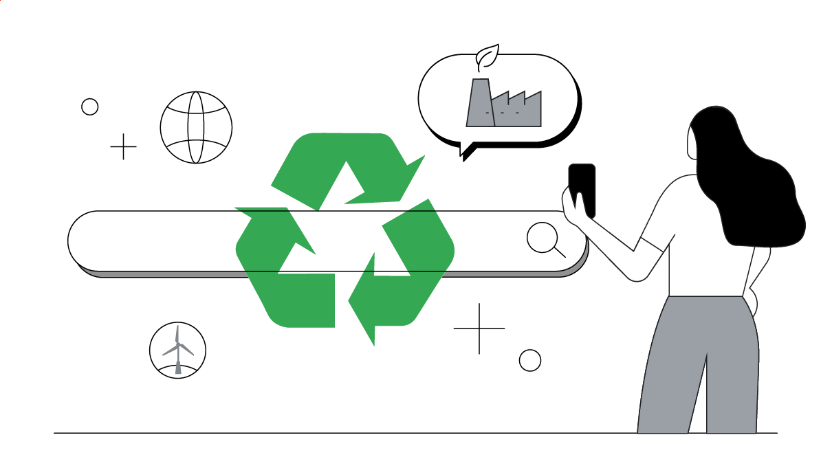 A person with long black hair looks at a mobile phone. To the left, a life-size search bar with a green recycling icon overlay. Around it, an internet symbol, a factory inside a speech bubble, and a wind turbine icon.