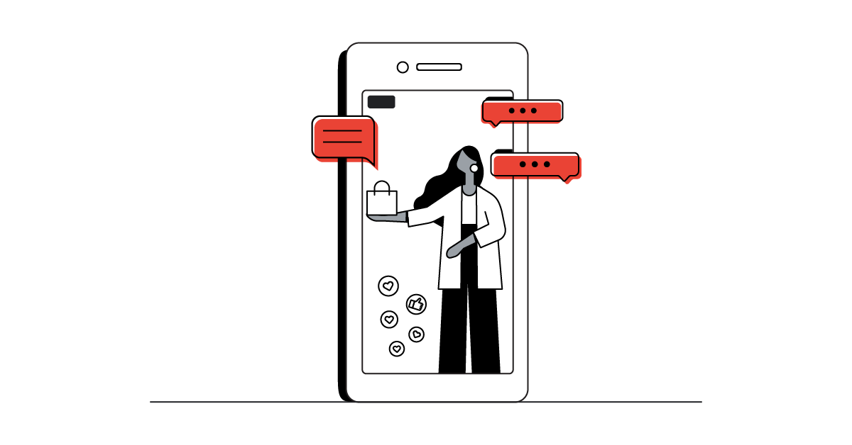 A mobile screen showing a woman promoting a bag surrounded by heart and thumbs up reactions and speech bubbles, representing changing shopping behavior, the rise of livestream shopping, and the use of live commerce in retail and video marketing.