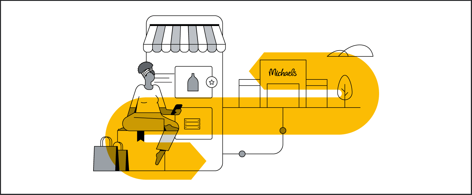 A woman of color looks at her smartphone while sitting in front of a tall, oversized smartphone screen with an awning. A pointed, yellow highlight connects the oversized screen to a Michaels retail store in the background.