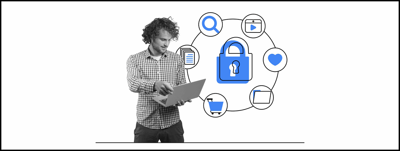 Un hombre con camisa a cuadros mira una computadora portátil que tiene en la mano. Detrás, una rueda con íconos en azul y blanco: una lupa, un archivo, un corazón, un carrito de compras, un formulario. En el centro, un candado.