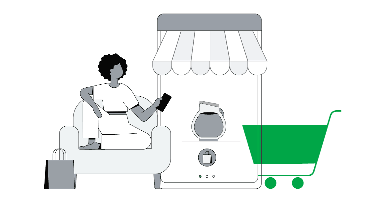 A woman sits in an armchair, mobile phone in hand. To the right, a life-sized mobile device with a canopy on it shows product icons that change as she taps her phone. On the other side of the large device, a green shopping cart overlay.