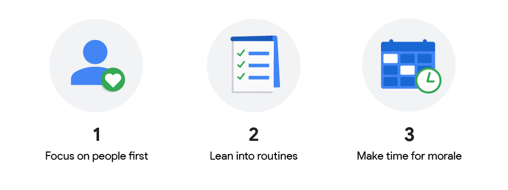 Illustrated icons represent 3 guiding principles Google is using to stay connected: 1) Focus on people first; 2) Lean into routines; 3) Make time for morale