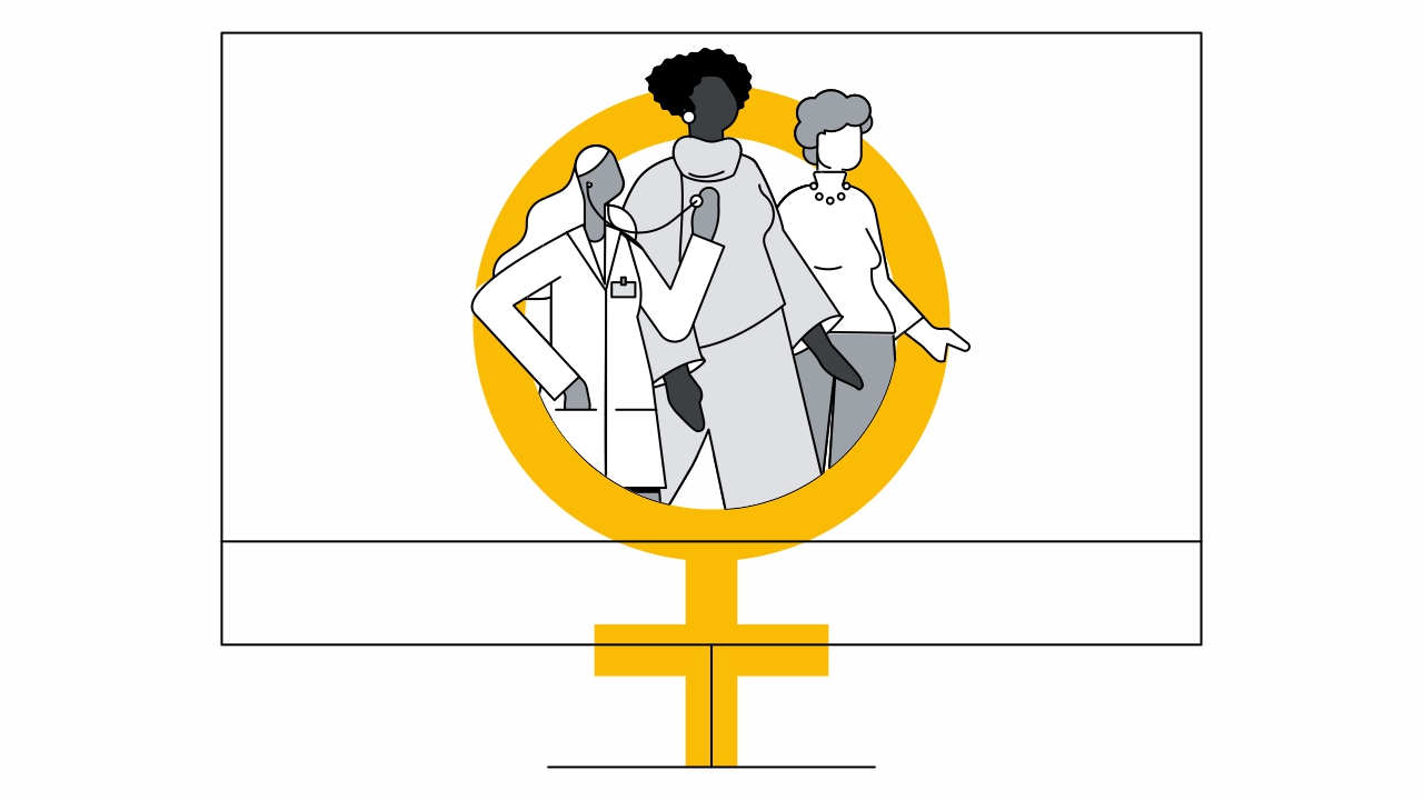 Un símbolo del género femenino en amarillo sobre el dibujo de una pantalla de televisión. Dentro del símbolo, los dibujos de tres mujeres: una médica con pelo blanco, una morocha con rulos y una mujer con pelo corto y collar de perlas.