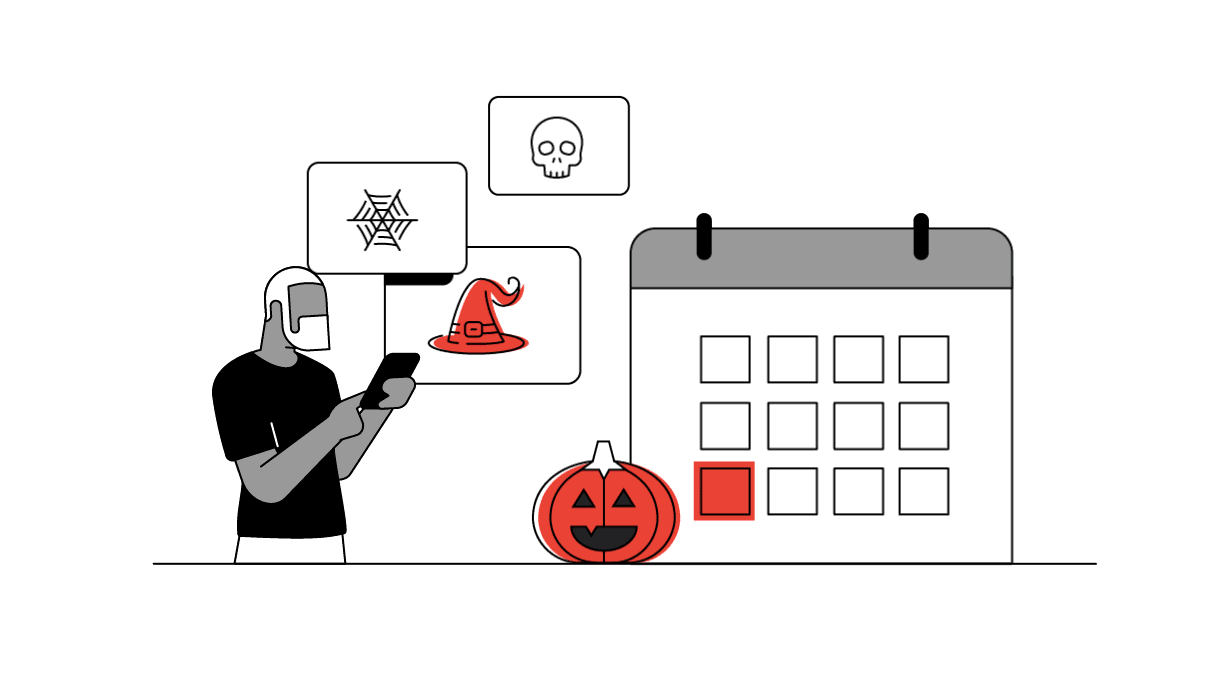 A man with dark skin and white hair and a beard uses his mobile device to search for holiday gifts and decorations, from Halloween to Sales season.