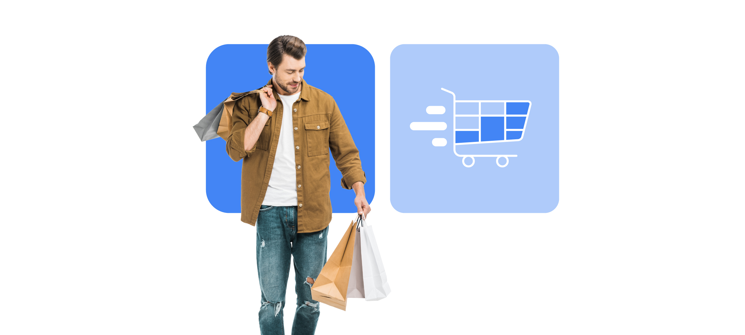Smiling man with shopping bags next to an illustration of a speeding shopping trolley