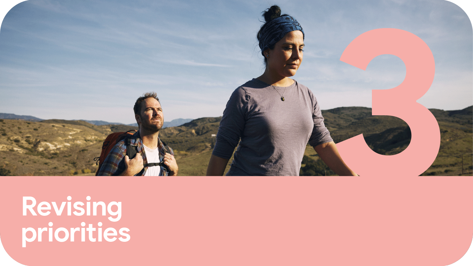 Part 3: Revising priorities. Wellness expert Lety Soto, dressed in athletic clothing and a head wrap, is pictured walking on a hiking trail. She’s accompanied by another hiker, who wears a backpack over an unbuttoned plaid shirt.