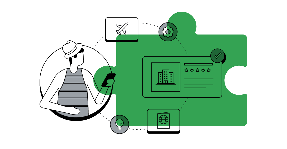 A traveler using his phone that is linked to icons of a plane, settings, hotel listing, passport and lightbulb, representing how AI-powered marketing solutions drives conversion, increases ad revenue, and improves travel advertising.