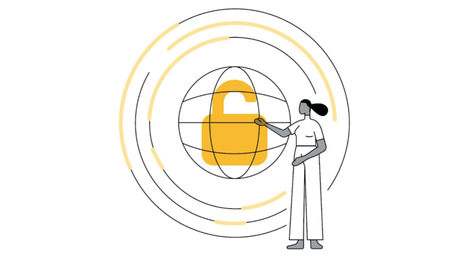 An illustrated image of a woman gesturing towards a yellow lock, which is positioned within a circular forcefield.