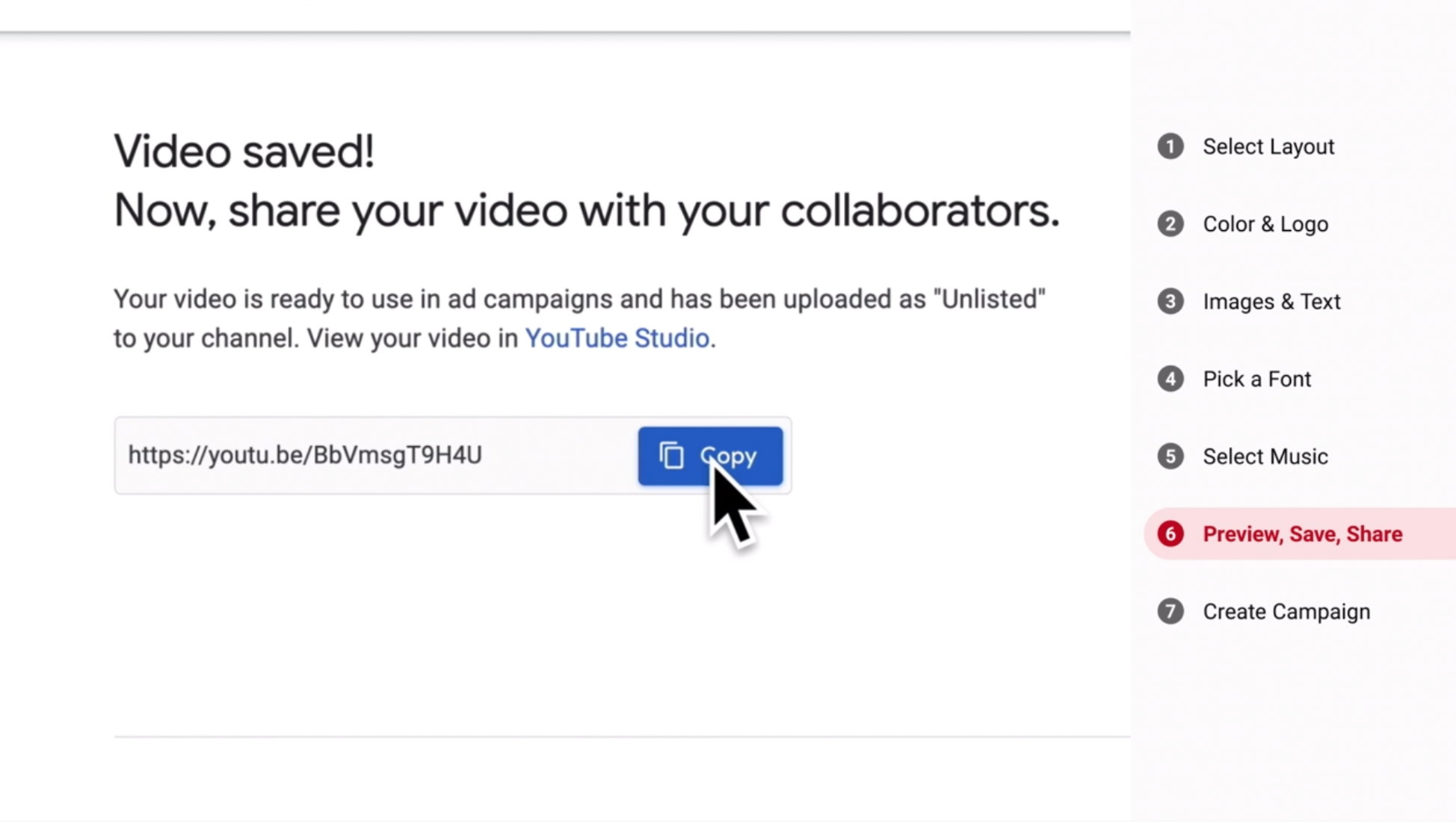 A screen confirming a video has been saved and animating the user to share.