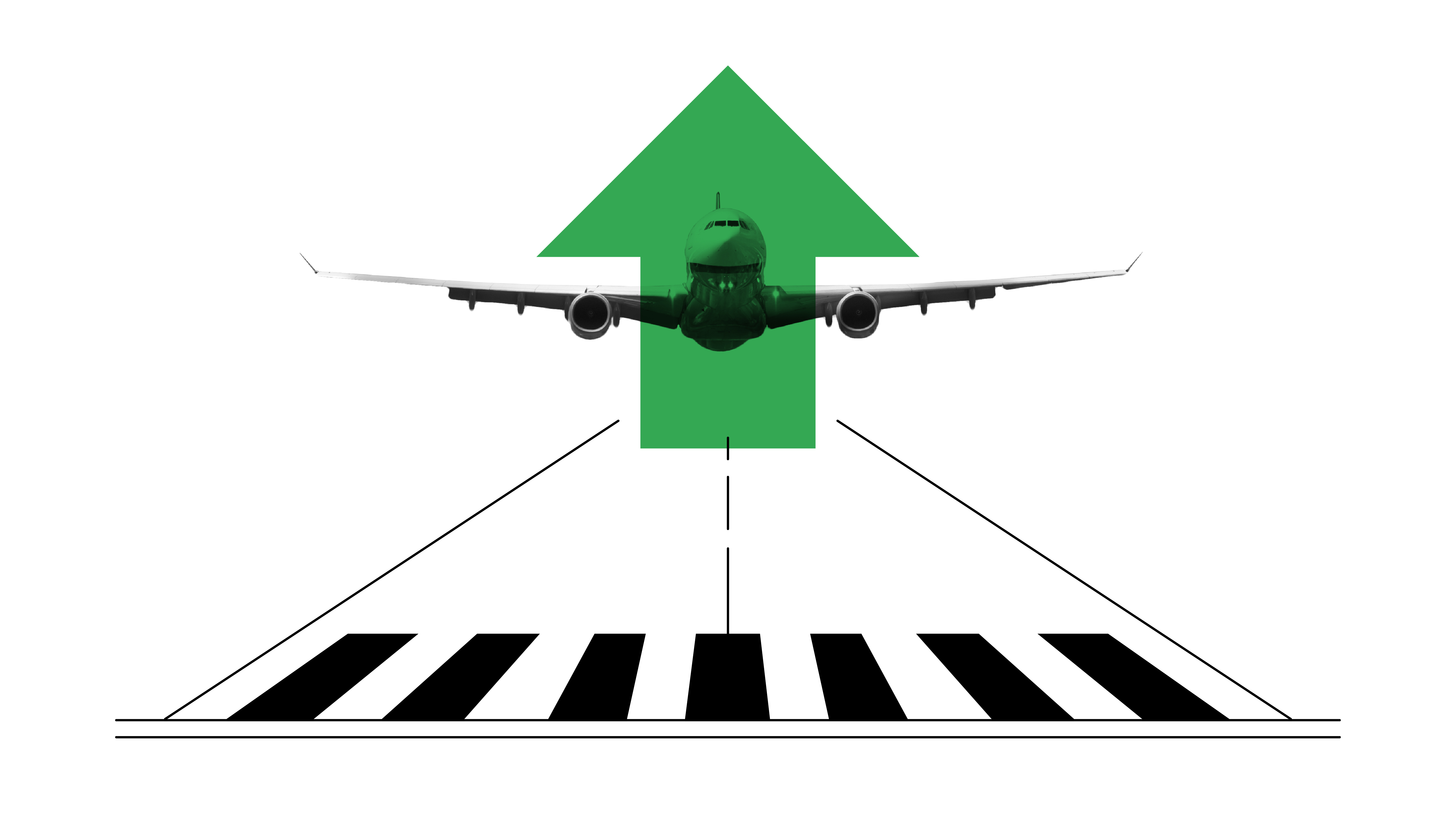 A black-and-white illustration of an airplane taking off on the runway with a striking green illustrated arrow overlayed on the airplane