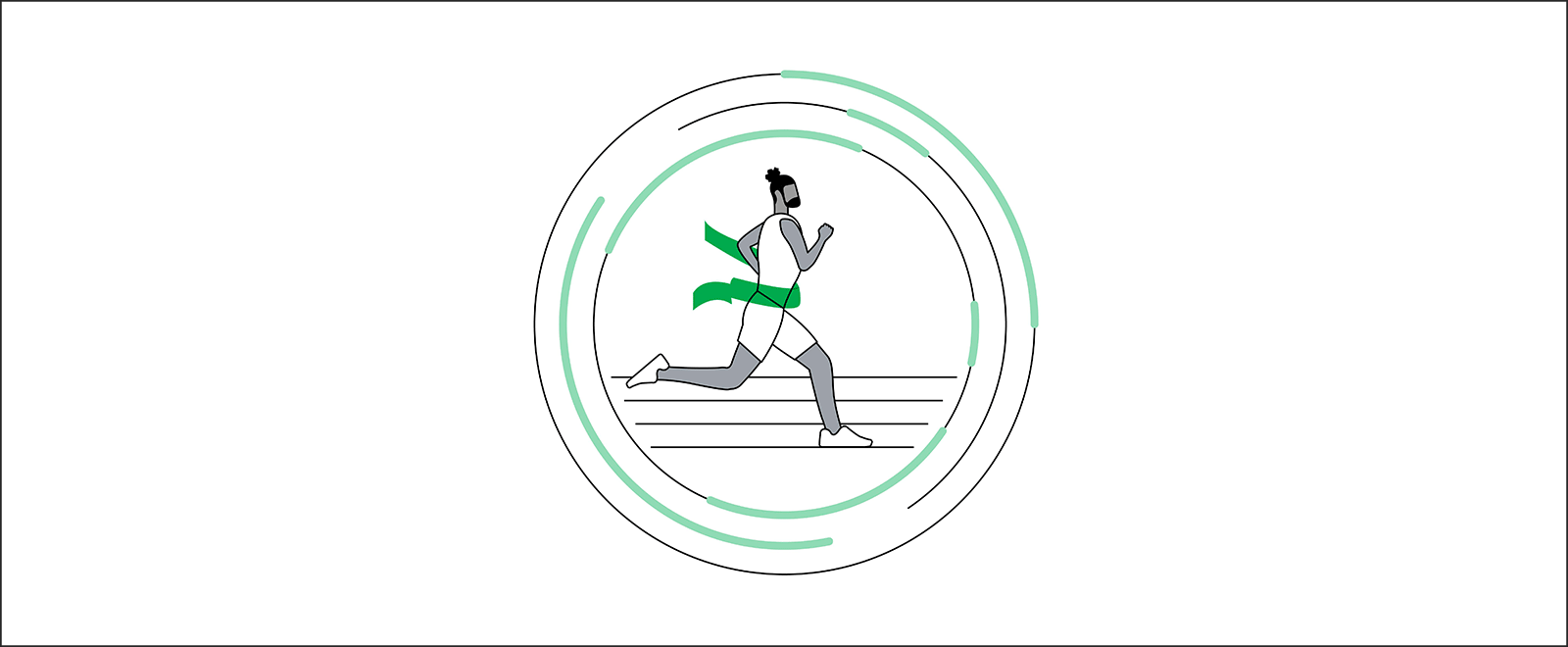 Un'immagine illustrata di un uomo nero che corre su una pista: è il primo a raggiungere il traguardo. Il nastro che taglia quando raggiunge il traguardo è di colore verde. È posizionato all'interno di un campo di forze con riflessi verdi.