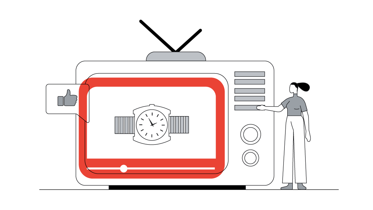 In black and white, a life-size vintage TV with an analog watch on the screen; a red digital video player overlays. To the left, a thumbs up or ‘like’ icon. To the right, a woman in high-waisted trousers has an arm stretched towards the TV’s controls.