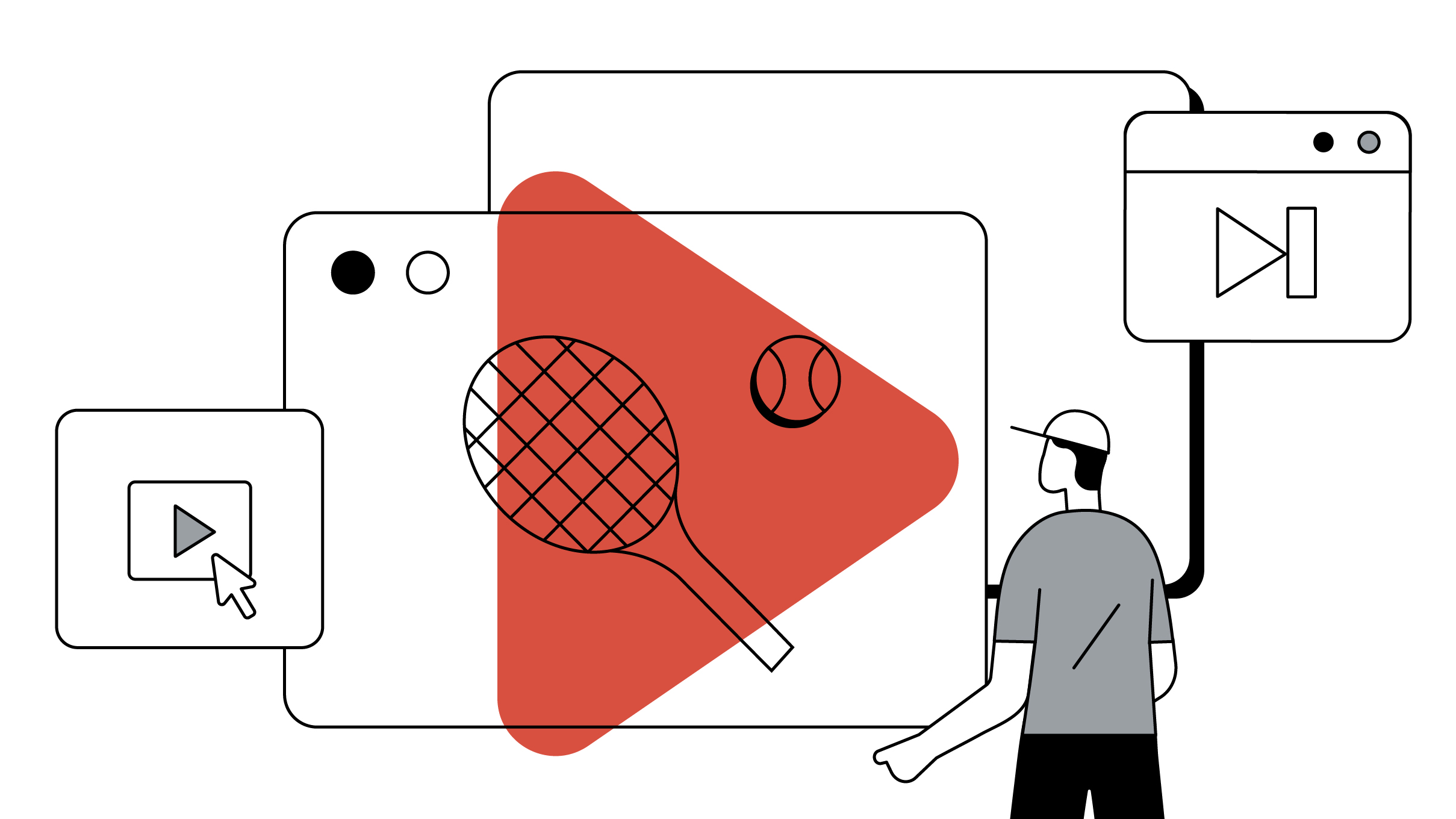 Ilustración donde se ve a un hombre con una gorra mirando hacia una pantalla de navegador con una raqueta y pelota de tenis y un gran play de color rojo.