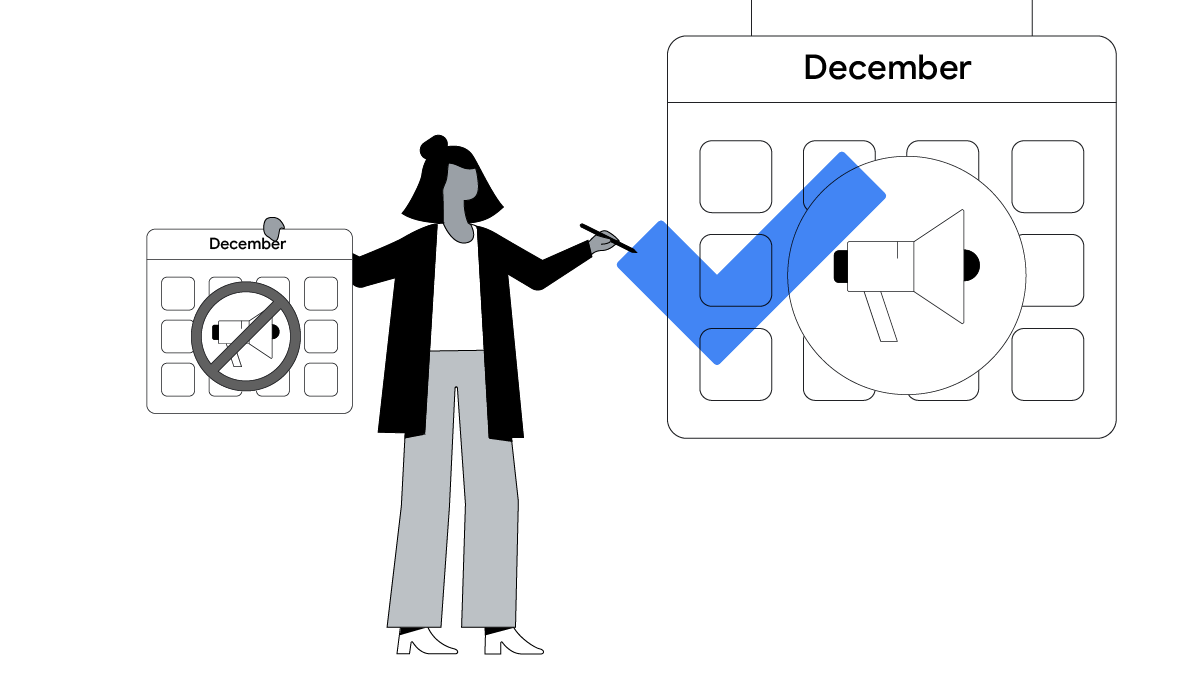 Two December calendars are compared. One displays a silent megaphone, while the other doesn't. A woman ticks the calendar with the loud megaphone.