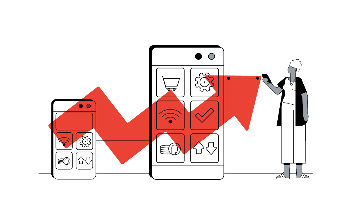 Two phones with an open app. One smaller phone with four icons and a larger phone with six icons referring to wifi, data, finances, payments and settings. Beside the phone there is a female on her phone. Above the phones there is a red arrow.