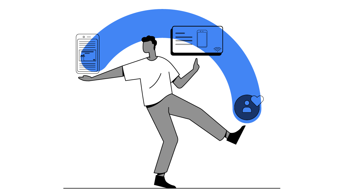 A person with dark hair is balancing three things. A display ad on a phone, a printed ad and a customer icon with a heart. Over all three categories there is a blue overlay connecting them.