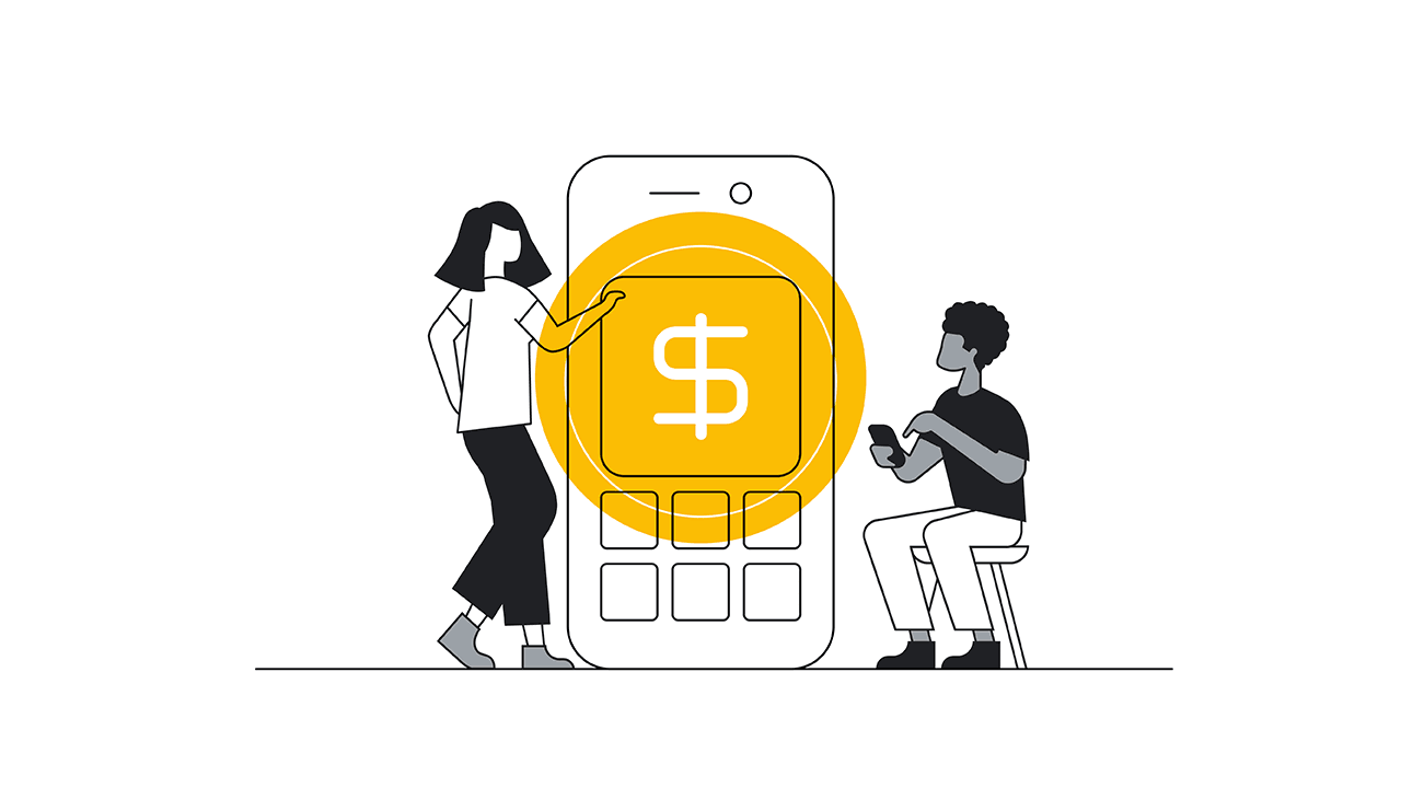 Illustration pivotante présentant un homme et une femme qui utilisent des applications dans quatre secteurs différents : commerce, fintech, santé et bien-être, et technologie de l'alimentation.