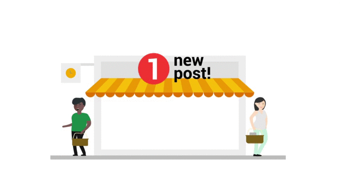 tienda con personas, indicación de un nuevo post