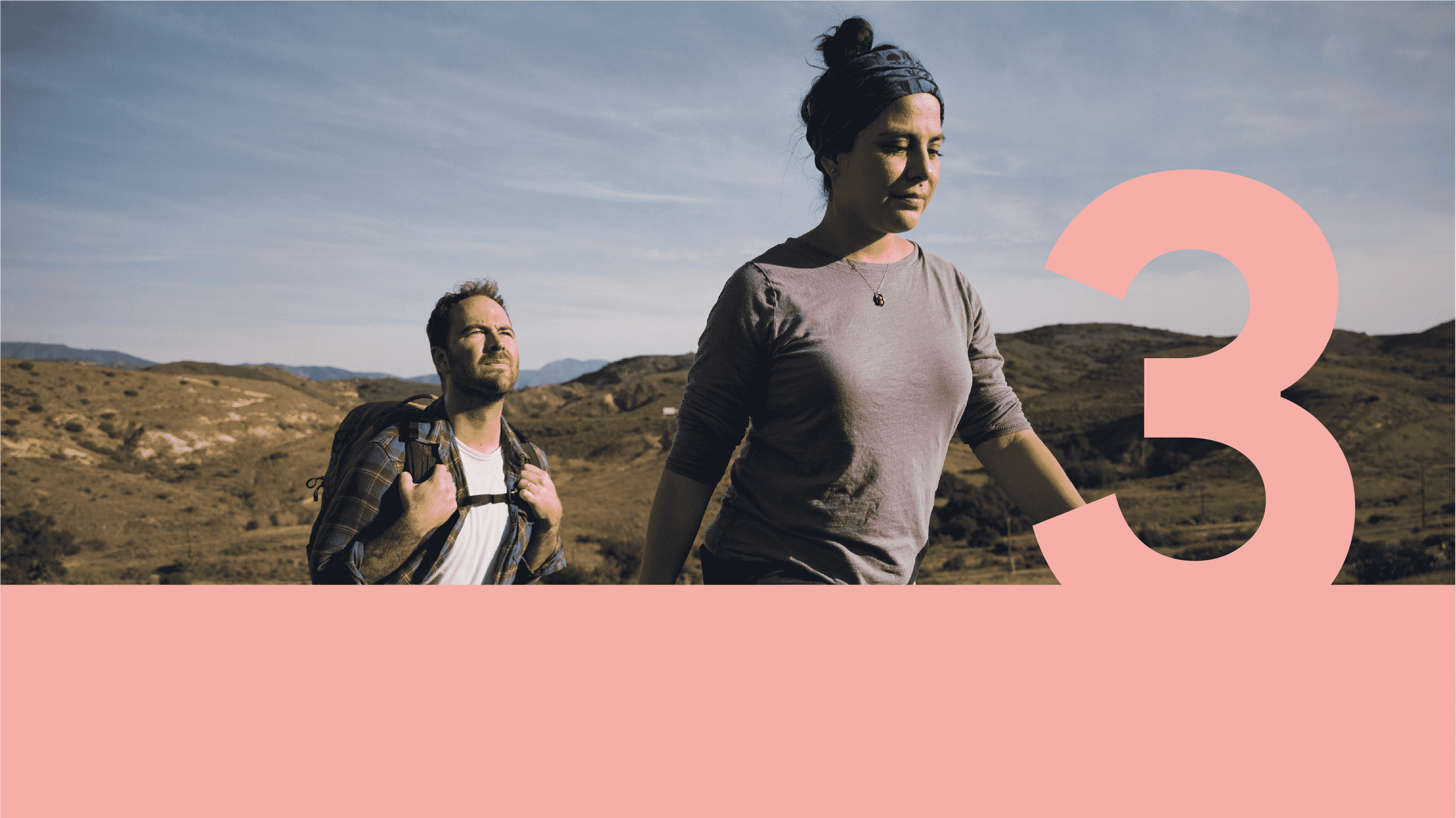Part 3: Revising priorities. Wellness expert Lety Soto, dressed in athletic clothing and a head wrap, is pictured walking on a hiking trail. She’s accompanied by another hiker, who wears a backpack over an unbuttoned plaid shirt.