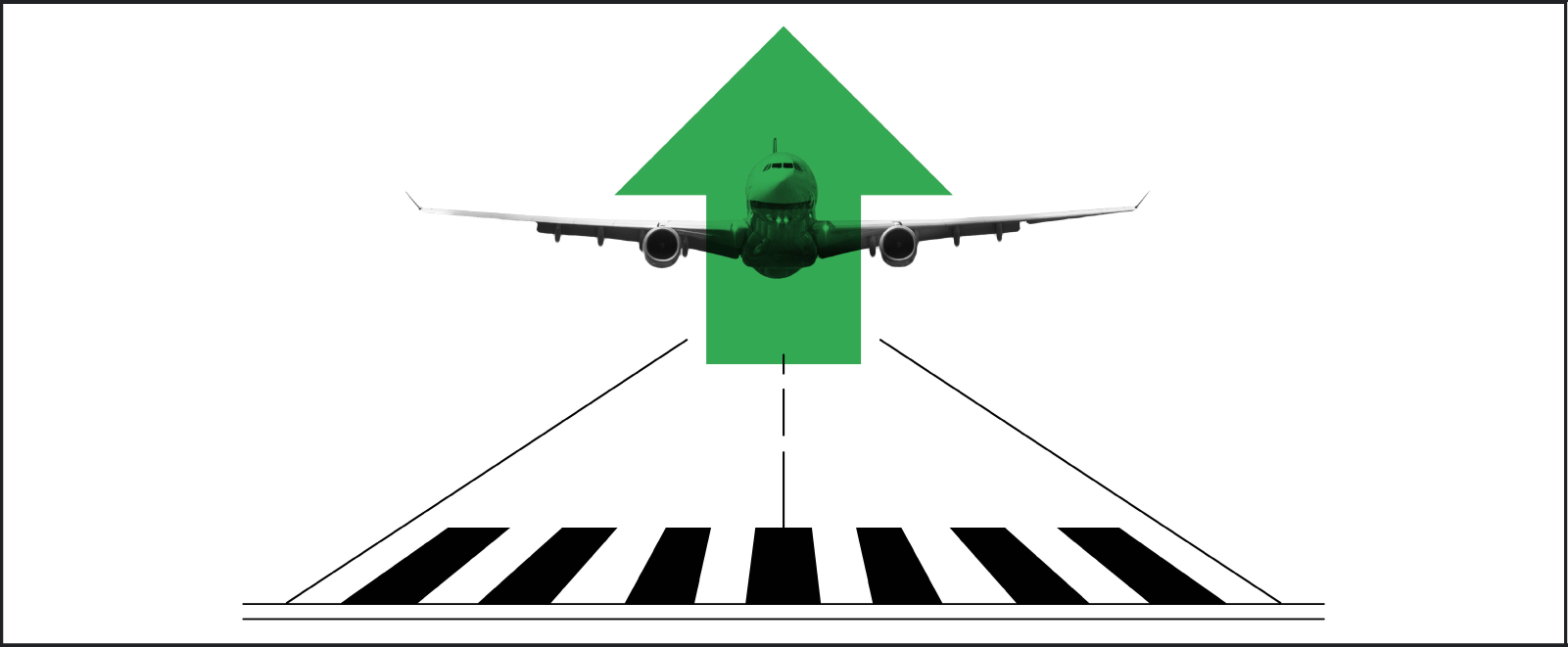 Une illustration en noir et blanc montre un avion en train de décoller sur la piste. Un dessin de flèche verte pointant vers le haut est superposé sur l'appareil.