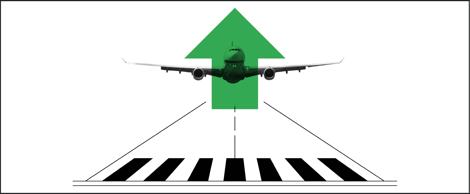 Un'immagine in bianco e nero di un aeroplano con sopra una vistosa freccia verde che decolla su una pista.