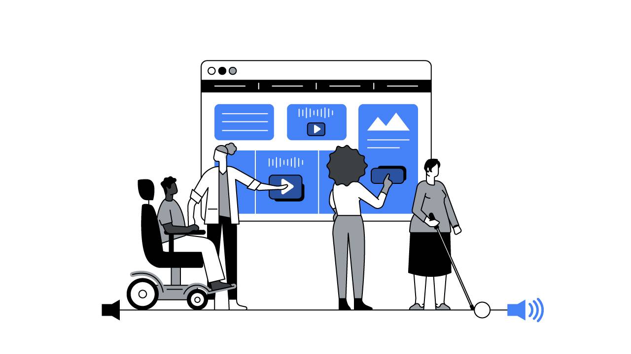 Four people gather on a volume bar in front of a large browser displaying video players. One of the people pushes play for a person using an electric wheelchair. Another person moves up the volume button with their white cane.