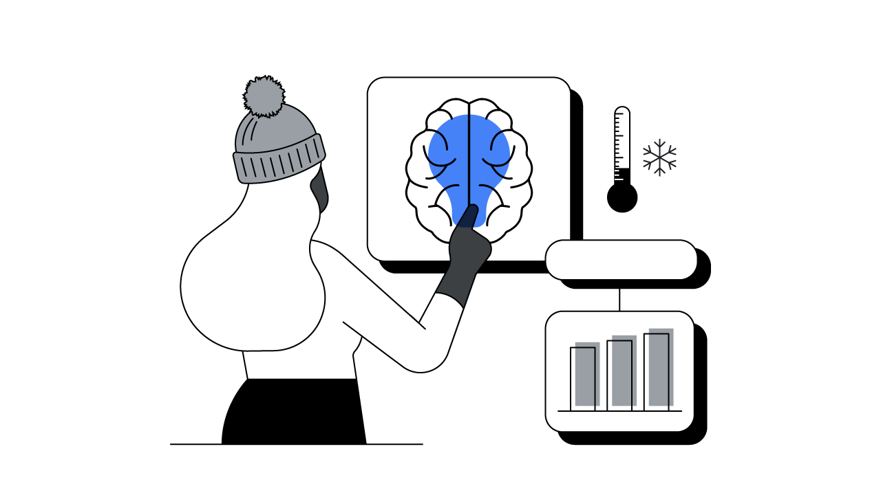 A person with dark skin and light-colored long hair, wearing a winter hat, uses a touch screen, showing a brain overlaid with a blue light bulb. A bar chart and a thermometer indicating cold weather hover nearby.