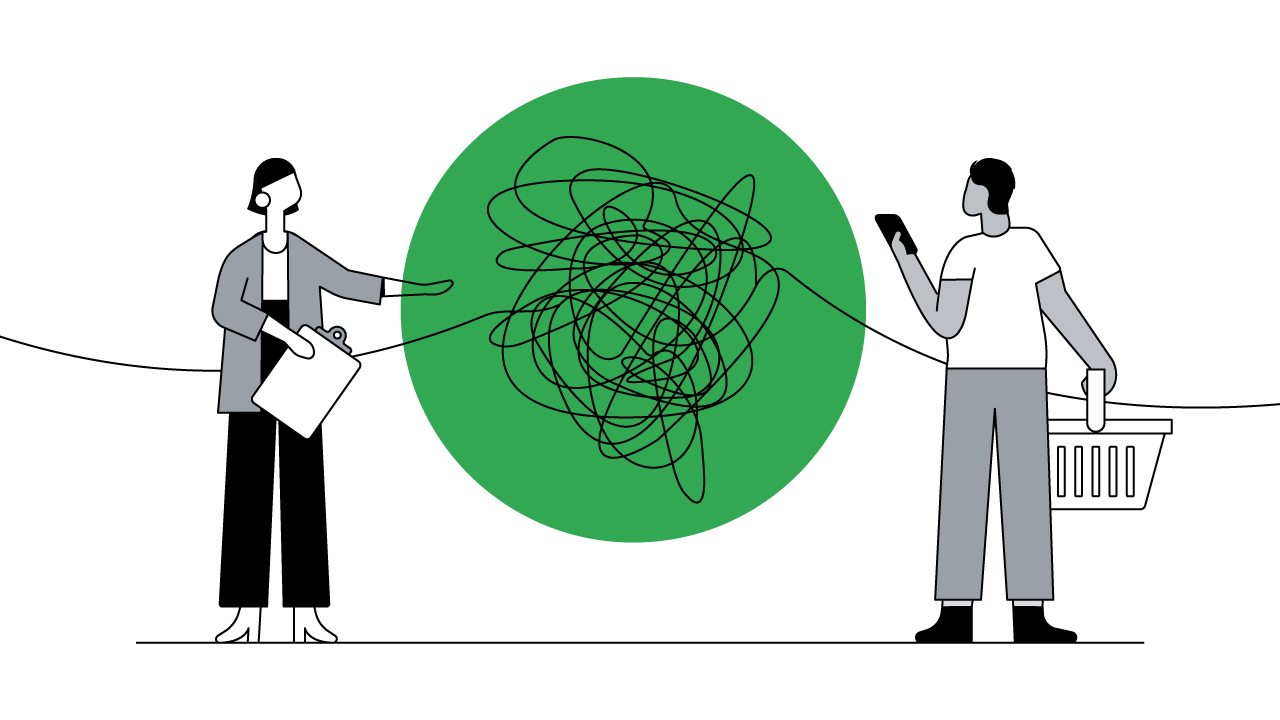 A researcher with short dark hair and big earrings holds a clipboard and points at swirly lines in a green circle, which represents the “messy middle” in the consumer decision-making process. On the other side of this circle, a person stands with a phone