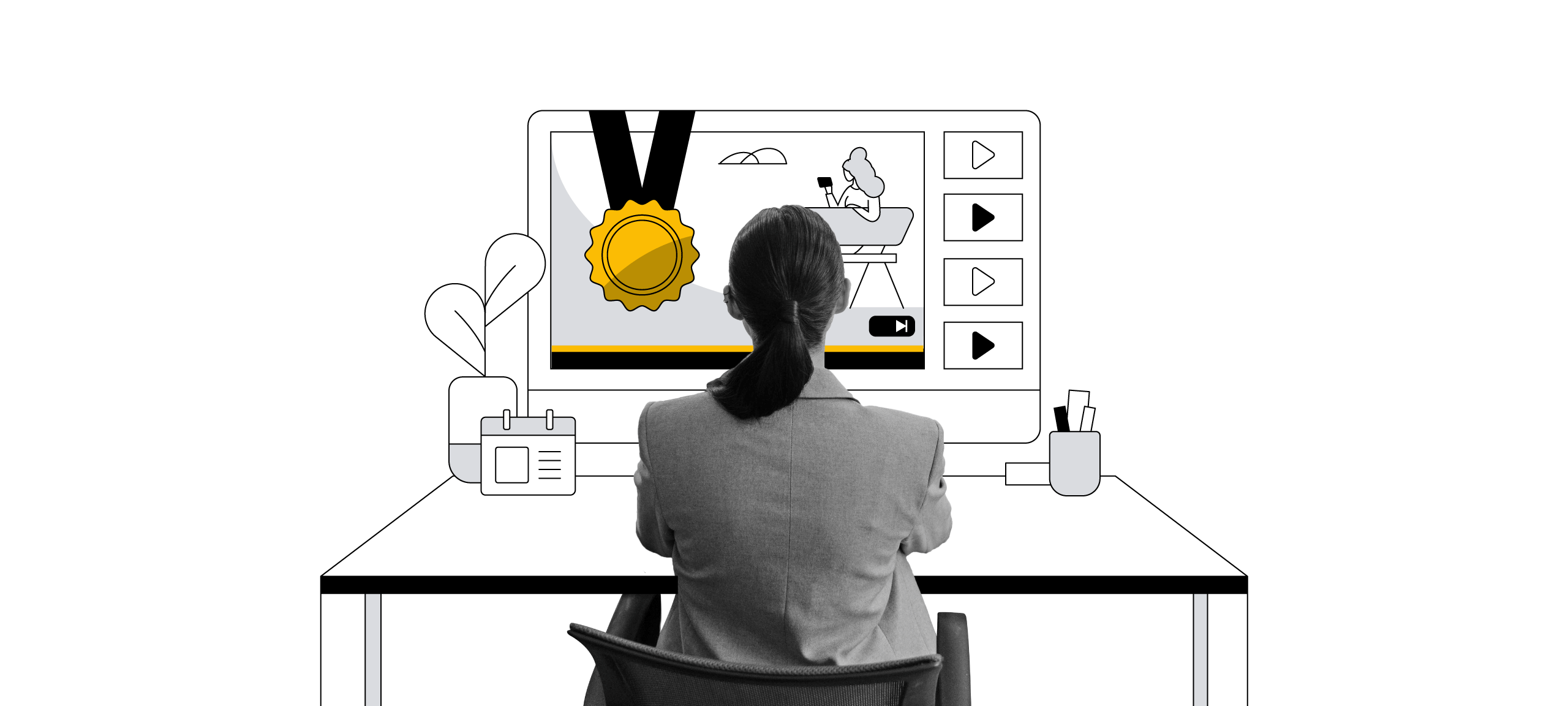 A person with shoulder length hair in a ponytail is sitting in front of a computer screen and is watching online videos. There is a gold medal on top of the screen