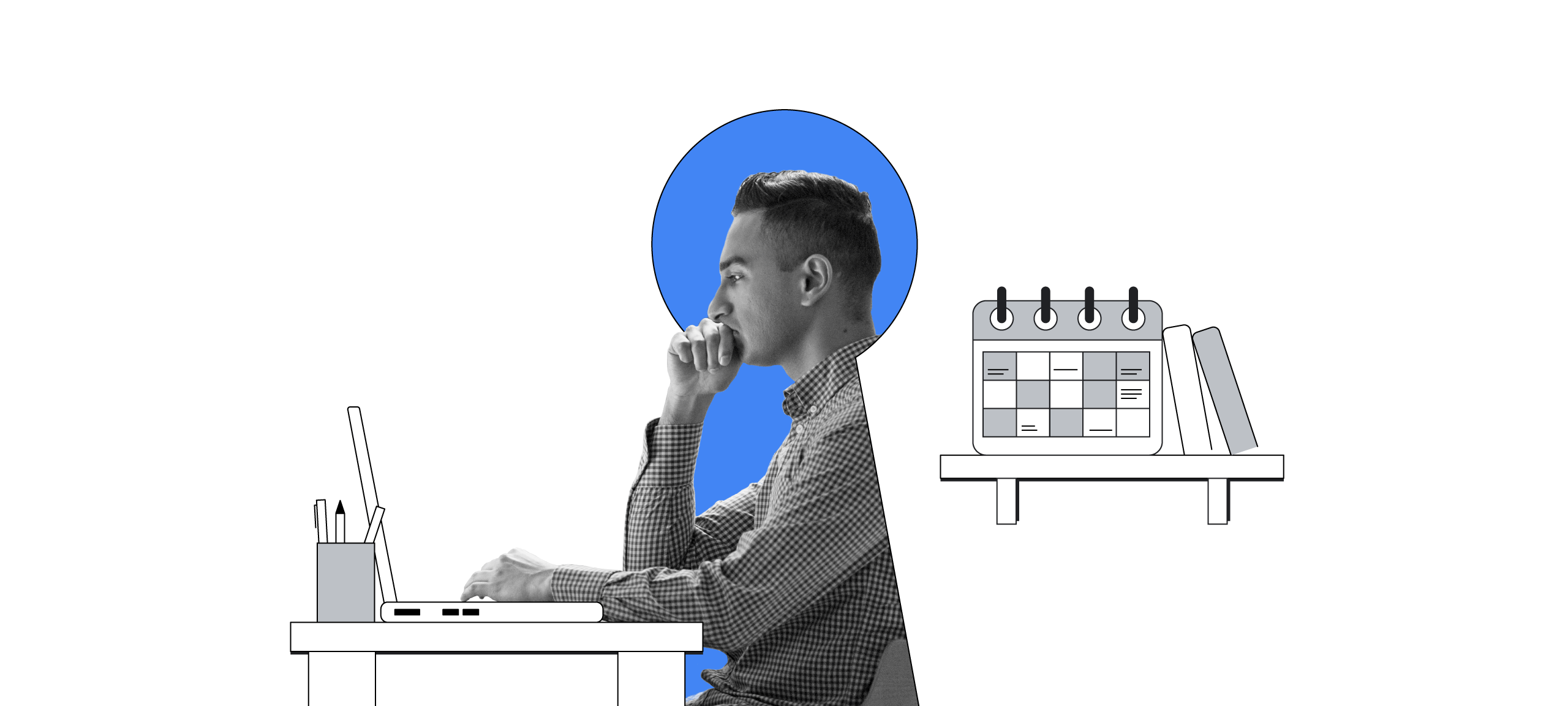 A man wearing a chequered shirt sits at a desk, looking at a laptop. A blue keyhole is overlaid, and a shelf with a calendar and books sits behind the man.