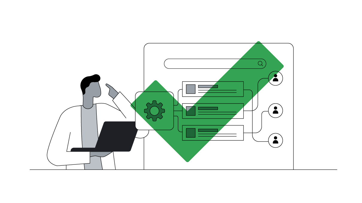 A marketer holds a laptop beside a screen with a search bar & a cog branching out to 3 ad creatives, each linked to a persona, as he builds customer relationships & drives conversions with ad personalization using first-party data & AI in marketing.
