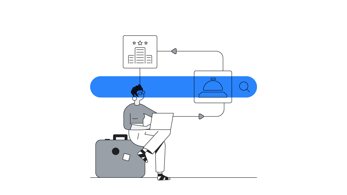 A blue search bar is placed over a traveler sitting on a suitcase and using a laptop connected to a travel destination and a hotel with 3 stars above it, representing consumer behavior after the pandemic and the hotel customer journey.