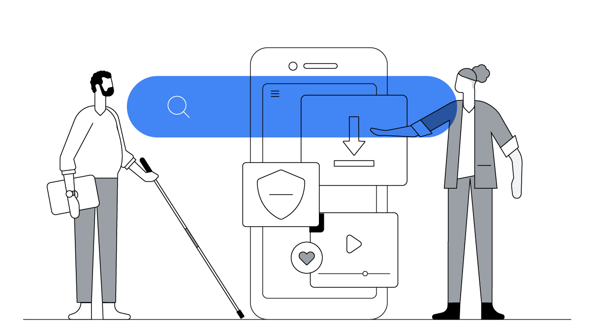 A visually impaired man holds a cane while a woman points at a download icon on a mobile screen with a search bar across, representing responsible marketing in APAC driven by automation, privacy, and measurement in search marketing.